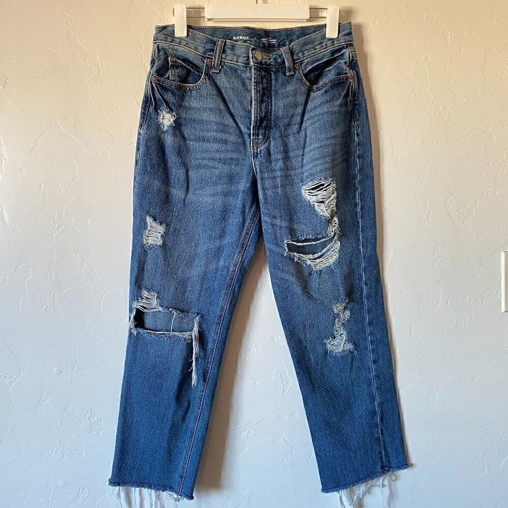 Old Navy High Rise Slouchy Straight Jeans Distressed Medium Wash